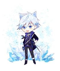  2019 animal_humanoid arknights blue_eyes canid canid_humanoid chibi choker hair humanoid hypergryph jewelry male mammal mammal_humanoid necklace open_mouth short_hair simple_background smile solo standing steward_(arknights) studio_montagne taziku white_background white_hair 