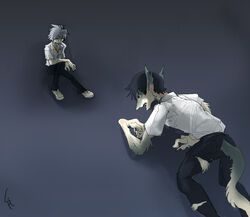  2009 anthro bodily_fluids claws clothed clothing digital_media_(artwork) duo fur gradient_background grey_background human humanoid kaworu_nagisa kiki-uma male mammal neon_genesis_evangelion sergal shinji_ikari signature simple_background sitting solo tail tears torn_clothing transformation vilous 