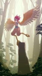  absurdres animal_ears bird_ears bird_legs blue_eyes breasts brown_feathers brown_wings earrings feathered_wings feathers female forest harpy highres jewelry looking_at_viewer mon-musu_quest! monster_girl nature outdoors pink_hair reina_(mon-musu_quest!) revealing_clothes short_hair_with_long_locks sidelocks small_breasts smile solo taking_off talons to_kage_p winged_arms wings 