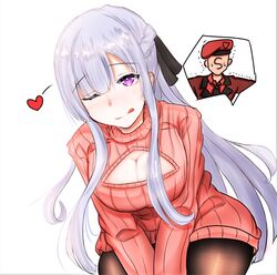  1other ak-12_(girls&#039;_frontline) black_pantyhose black_ribbon blush braid breasts cleavage closed_mouth commander_(girls&#039;_frontline) female french_braid girls&#039;_frontline grey_hair griffin_&amp;_kryuger_military_uniform hair_ribbon heart heart_print long_hair looking_at_viewer medium_breasts meme_attire one_eye_closed open-chest_sweater pantyhose peroronti pink_sweater purple_eyes ribbon s-head_commander sitting solo_focus sweater tongue tongue_out white_background 