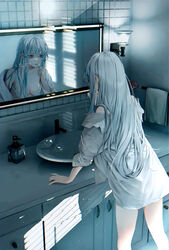  absurdres applying_makeup artist_name bathroom blue_eyes bra breasts cabinet cleavage commentary english_commentary eyelashes feet_out_of_frame female film_grain grey_hair grey_theme heterochromia highres indoors lip_balm long_hair medium_breasts mirror nekoyama_iori open_clothes open_shirt original serious shirt sink soap_dispenser tile_wall tiles towel towel_rack twitter_username underwear white_bra white_shirt yellow_eyes 