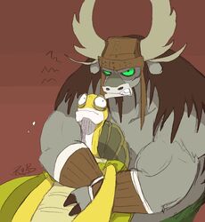  angry anthro arm_around_shoulders biped bovid bovine clothing dreamworks duo hat headgear headwear horn hug kai_the_collector kemono kung_fu_panda male mammal master_oogway mature_male musclegut muscular old overweight overweight_male pla0net5lai8ka reptile scalie simple_background turtle 