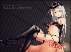  1boy bars black_footwear black_gloves black_headwear black_panties blue_eyes blue_hair blush bondage boots breasts candle clothed_female_nude_male commentary_request crossed_legs dominatrix elbow_gloves english_text female femdom fishnet_thighhighs fishnets gloves hibiki_(kancolle) high_heel_boots high_heels highres holding holding_candle holding_riding_crop kantai_collection katsuten latex latex_boots latex_gloves latex_panties latex_top lolidom long_hair looking_down milestone_celebration navel nude panties riding_crop sitting sitting_on_person small_breasts straight thank_you thigh_boots thighhighs underwear wax wax_play whip_marks 