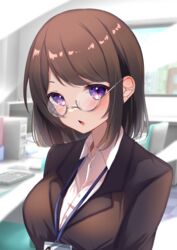  absurdres bad_id bad_pixiv_id black_jacket blazer blurry blush breasts brown_hair chestnut_mouth collared_shirt computer computer_keyboard cpu depth_of_field dress_shirt female glasses grey-framed_eyewear highres id_card indoors jacket lanyard large_breasts light monitor office_lady open_collar open_mouth original purple_eyes round_eyewear semi-rimless_eyewear sera_yukko shirt short_hair solo swept_bangs under-rim_eyewear upper_body white_shirt 