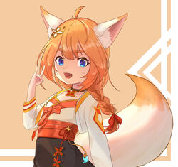  absurdres ahoge animal_ear_fluff animal_ears blue_eyes bow braid braided_ponytail collar eight-tailed_fox_nari female fox_ears fox_girl fox_shadow_puppet fox_tail guardian_tales hair_ornament hair_ribbon hand_up highres looking_at_viewer magicfishtaco oerba_yun_fang open_mouth orange_hair red_bow red_ribbon ribbon simple_background skin_fang tail 