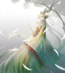  bell closed_mouth feathers female grey_background hair_ornament hair_rings hair_stick head_wings jingle_bell long_hair looking_at_viewer makeup onmyoji photoshop_(medium) red_lips sash solo tenshin_kagehisa tree ubume_(onmyoji) very_long_hair white_hair wide_sleeves winged_arms wings 