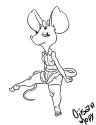  accessory angry anthro bottomwear bow_ribbon clothing cutoffs denim denim_bottomwear denim_clothing eyelashes female hair_accessory hair_ribbon hairbow humanoid jacket legwear long_tail mammal midriff monochrome mouse murid murine ojisan_mopy ribbons rodent shorts solo spread_legs spreading tail topwear 