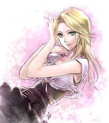  arm_up armpits belt belt_buckle black_belt black_dress black_skirt blonde_hair breasts buckle closed_mouth collarbone commentary dress english_commentary female final_fantasy final_fantasy_xv frilled_jacket frilled_skirt frills green_eyes highres jacket lips long_hair looking_at_viewer macoronfu medium_breasts miniskirt ribbon short_sleeves sidelocks signature simple_background skirt smile solo stella_nox_fleuret white_jacket white_ribbon 