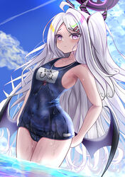  ahoge armpits arms_behind_back bad_id bad_pixiv_id blue_archive blue_sky cloud cloudy_sky collarbone commentary demon_girl demon_horns demon_wings female forehead halo highres hina_(blue_archive) hina_(swimsuit)_(blue_archive) horns iii_(pixiv27971399) looking_at_viewer name_tag ocean old_school_swimsuit one-piece_swimsuit one_side_up parted_bangs purple_eyes school_swimsuit short_hair sidelocks sky solo swimsuit wading wet wet_clothes wet_swimsuit whistle whistle_around_neck white_hair wings 