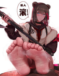  animal_ears arknights axe barefoot belt_collar black_collar blue_eyes brown_hair chinese_text closed_mouth collar commentary condom condom_wrapper feet female fingerless_gloves foot_focus fur-trimmed_jacket fur_trim gloves heavy_breathing highres holding holding_axe jacket laserflip legs long_hair looking_at_viewer multicolored_hair photoshop_(medium) red_hair revision simple_background single_glove sitting soles solo speech_bubble steaming_body streaked_hair toes translated trembling two-tone_hair white_background zima_(arknights) 