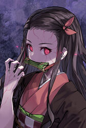  bamboo bit_gag black_hair checkered commentary_request female fingernails forehead gag gagged hair_ribbon hand_up japanese_clothes kamado_nezuko kimetsu_no_yaiba kimono long_hair looking_at_viewer looking_back mouth_hold open_clothes open_shirt pink_eyes pink_kimono pink_ribbon ribbon sharp_fingernails slit_pupils solo teeth upper_body upper_teeth_only veins very_long_hair yahako 