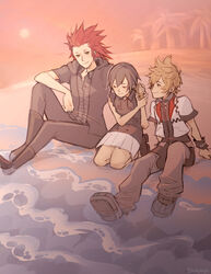  2boys axel_(kingdom_hearts) beach black_hair blackpaopu blonde_hair boots female highres kingdom_hearts kingdom_hearts_iii multiple_boys palm_tree red_hair roxas sand seashell shell sitting skirt smile spiked_hair sun sunset tree water white_skirt xion_(kingdom_hearts) 