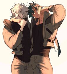  2boys absurdres bad_id bad_pixiv_id bags_under_eyes beige_background bishounen closed_mouth collarbone commentary earrings fingernails green_hair grey_eyes grey_jacket hair_between_eyes highres holding_hands horns jacket jewelry kaoruko_(unkrk55) long_hair male_focus multiple_boys open_mouth original pale_skin simple_background smile teeth tongue white_hair zipper 