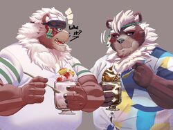  2021 4:3 anthro bear belly black_nose brown_body clothing detailed detailed_food duo eating english_text food hi_res humanoid_hands kemono kimun_kamui_(tas) lhjal2 lifewonders male mammal overweight overweight_male shirt sundae text tokyo_afterschool_summoners topwear wen_kamui_(tas) 