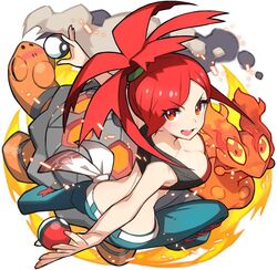  2015 ambiguous_gender bottomwear breasts cleavage clothed clothing digital_media_(artwork) elemental_creature female feral fire flannery_(pokemon) generation_2_pokemon generation_3_pokemon grey_body group gym_leader hair holding_object holding_pokeball human lava lava_creature mammal midriff mineral_fauna naoki_saito nintendo open_mouth orange_body orange_eyes orange_skin pants pokeball pokemon pokemon_(species) red_hair reptile scalie simple_background slugma smoke standard_pokeball torkoal white_background 