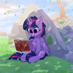  1:1 2021 alicorn book cutie_mark equid equine feathers female feral friendship_is_magic front_view glazirka hair hasbro hi_res hooves horn looking_at_book looking_at_object magic magic_user mammal my_little_pony mythological_creature mythological_equine mythology open_book outside purple_body purple_eyes purple_feathers purple_hair purple_horn purple_wings quadruped reading reading_book sitting solo tail_on_ground twilight_sparkle_(mlp) unicorn_horn wings 