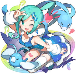  altaria ambiguous_gender avian beak blue_body blue_hair female feral generation_3_pokemon gesture green_eyes group hair hand_gesture heart_symbol human human_focus kneeling light_body light_skin lisia_(pokemon) mammal musical_note naoki_saito nintendo not_furry_focus one_eye_closed open_mouth open_smile pokemon pokemon_(species) simple_background smile solo_focus swablu v_sign white_background white_body wink 