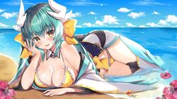  aqua_hair beach bikini blush breasts cleavage cloud commentary day dragon_horns fate/grand_order fate_(series) female flower frilled_bikini frills hibiscus honoka_chiffon horns kiyohime_(fate) kiyohime_(swimsuit_lancer)_(fate) kiyohime_(swimsuit_lancer)_(first_ascension)_(fate) large_breasts lying ocean on_side open_mouth outdoors sky solo sparkle swimsuit yellow_bikini yellow_eyes 