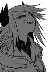  :d :q commentary_request dolores_(mazohaha) female greyscale highres horns looking_at_viewer monochrome musuko_ga_kawaikute_shikatanai_mazoku_no_hahaoya open_mouth red_eyes sharp_teeth short_hair signature simple_background slit_pupils smile solo spot_color teeth tongue tongue_out upper_body white_background zyugoya 