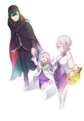  1boy 2girls :d basket bread cape emilia_(re:zero) family food fortuna_(re:zero) green_hair grey_hair hat highres holding_hands kumuo_(mirakurufusao) long_hair long_sleeves low_ponytail multiple_girls open_mouth petelgeuse_romaneeconti picnic_basket purple_eyes re:zero_kara_hajimeru_isekai_seikatsu ribbon short_hair smile walking white_background 