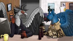  accipitriform alcohol ambiguous_gender anthro archgryphon avian beak beer beverage bird blue_body blue_eyes blue_jay celestial_orca claws clothed clothing corvid curved_horn detailed_background digital_media_(artwork) duo feathered_crest feathers feet fur grey_body grey_feathers grey_fur gryphon head_crest himeli horn jay_(bird) male multi_ear mythological_avian mythological_creature mythology new_world_jay open_mouth oscine passerine paws pupils redlettermedia secretary_bird sekr-et-tiar slit_pupils smile talon_hands talons toes wings yellow_eyes 