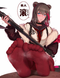  animal_ears arknights axe belt_collar black_collar blue_eyes brown_hair chinese_commentary chinese_text collar condom condom_wrapper feet female fingerless_gloves foot_focus fur-trimmed_jacket fur_trim gloves heavy_breathing highres holding holding_axe jacket laserflip legs long_hair looking_at_viewer multicolored_hair no_shoes pantyhose parted_lips photoshop_(medium) red_hair red_pantyhose revision simple_background single_glove sitting soles solo steaming_body streaked_hair toes trembling two-tone_hair white_background zima_(arknights) 