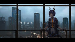  antenna_mast arknights black_jacket breasts brown_shorts building cameltoe ch&#039;en_(arknights) chinese_commentary city_lights cityscape cloud cloudy_sky commentary copyright_name cowboy_shot dragon_horns dragon_tail expressionless female fingerless_gloves gloves hair_between_eyes highres highway hood hood_down hooded_jacket horns indoors jacket lamppost leaning leaning_back leaning_on_object letterboxed long_hair looking_away looking_to_the_side low_twintails lying medium_breasts midriff midriff_peek mool_yueguang multiple_swords necktie on_back orange_eyes orange_necktie photoshop_(medium) purple_hair railing red_eyes shirt short_shorts short_sleeves shorts sidelocks sky skyscraper solo tail text_background twintails unbuttoned walkie-talkie weapon weapon_on_back white_shirt window 