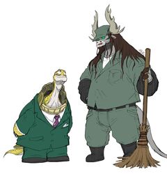  2020 anthro biped bottomwear bovid bovine clothing dreamworks duo green_body hat headgear headwear horn kai_the_collector kemono kung_fu_panda male mammal master_oogway necktie overweight overweight_male pants pla0net5lai8ka reptile scalie shirt simple_background topwear turtle white_background 