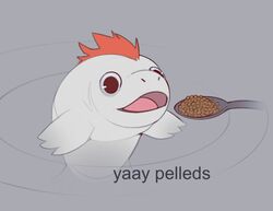  ambiguous_gender amit cutlery digital_media_(artwork) english_text feral fish food hair kitchen_utensils marine open_mouth partially_submerged pellet red_hair simple_background solo spoon text tools water 