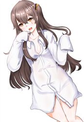  blush breasts brown_eyes brown_hair collarbone female girls&#039;_frontline long_hair looking_at_viewer lying no_pants on_back open_mouth peroronti scar scar_across_eye scar_on_face shirt solo twintails ump45_(girls&#039;_frontline) white_background white_shirt 