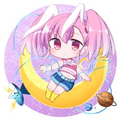  animal_ears bare_arms bare_shoulders blue_shorts boots breasts chibi closed_mouth commentary_request copyright_request crescent crop_top diagonal_stripes female hair_between_eyes highres lightning_bolt_symbol looking_at_viewer midriff navel pink_hair planet planetary_ring rabbit_ears red_eyes rensei satellite_dish shirt short_shorts shorts sleeveless sleeveless_shirt small_breasts solo striped_background striped_clothes striped_shirt twintails yellow_footwear 