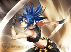  bare_arms bare_shoulders biceps black_gloves blue_eyes blue_hair breasts cargo_pants crop_top earrings female gas_can gloves jewelry kriss_sison leona_heidern looking_at_viewer military military_uniform muscular muscular_female pants ponytail serious signature sleeveless solo the_king_of_fighters the_king_of_fighters_xiii uniform watermark web_address 