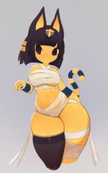  absurd_res animal_crossing ankha_(animal_crossing) anthro black_hair breasts chest_wraps clothing domestic_cat felid feline felis female fur grey_background hair hi_res legwear mammal markings mummy_costume mummy_wrappings navel nintendo pawpads portrait short_hair simple_background smile soda_uyu solo striped_markings striped_tail stripes tail tail_markings thick_thighs thigh_highs three-quarter_portrait uraeus wide_hips wraps yellow_body yellow_fur 