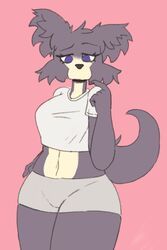  2:3 anthro beastars bottomwear boy_shorts brown_body brown_fur canid canine canis clothed clothing crop_top digital_media_(artwork) female fur hi_res juno_(beastars) looking_at_viewer mammal midriff navel purple_eyes shirt shorts simple_background solo topwear traknoch underwear wolf 