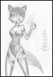  anthro biped bomb canid canine clothed clothing cosplay costume crossover explosives female fox gas_bomb graphite_(artwork) krystal_(star_fox) mammal marvel monochrome nintendo pencil_(artwork) psylocke reddragonkan solo star_fox traditional_media_(artwork) x-men xmen 