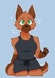  2021 anthro big_breasts black_bottomwear black_clothing black_pawpads black_shirt black_shorts black_tank_top black_topwear blue_background blush bottomwear breasts brown_body brown_fur brown_inner_ear canid canine canis chest_tuft clothing conditional_dnp domestic_dog eyebrow_piercing facial_piercing fangs female front_view fur gesture green_eyes hand_in_pocket heart_symbol hi_res inner_ear_fluff looking_at_viewer mammal pawpads piercing pockets ring rose_naire shirt shorts simple_background smile solo sonokido tank_top teeth topwear tuft ventura_city_drifters waving 