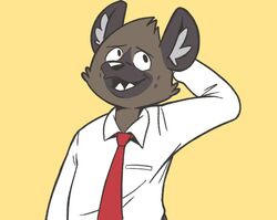  aggretsuko anthro brown_body brown_fur clothing fur haida_(aggretsuko) hand_behind_head heyitscousindave hyena male mammal necktie open_mouth oxford_shirt red_necktie sanrio shirt simple_background solo spotted_hyena teeth_showing topwear white_clothing white_shirt white_topwear yellow_background 