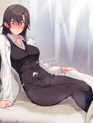  artist_name bedwetting black_hair black_pants black_vest blush breasts coat collarbone collared_shirt commentary_request commission dated embarrassed female grey_eyes hiratsuka_shizuka imoden lab_coat large_breasts long_hair long_sleeves pants peeing peeing_self shirt skeb_commission solo twitter_username vest watermark white_coat white_shirt yahari_ore_no_seishun_lovecome_wa_machigatteiru. 