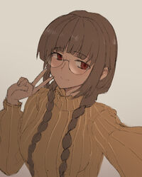  blush braid brown_hair female glasses highres jimiko looking_at_viewer original polki red_eyes ribbed_sweater round_eyewear selfie simple_background smile solo sweater turtleneck turtleneck_sweater twin_braids v white_background yellow_sweater 