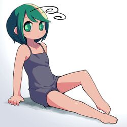  alternate_costume antennae barefoot blush camisole closed_mouth commentary_request expressionless female flat_chest full_body green_eyes green_hair grey_camisole grey_shorts highres looking_at_viewer short_hair shorts sitting solo swept_bangs touhou ugif white_background wriggle_nightbug 