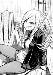  animal_ears blush commentary_request female from_side greyscale grin highres jacket long_sleeves looking_at_viewer low_wings monochrome musuko_ga_kawaikute_shikatanai_mazoku_no_hahaoya one_eye_closed pants pink_eyes sharp_teeth shirt sitting slit_pupils smile solo spot_color teeth valentine_(mazohaha) wings zyugoya 