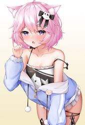  :o absurdres ahoge animal_ear_fluff animal_ears bare_shoulders black_legwear black_ribbon breasts cat_ears cat_hair_ornament cleavage collarbone dombear female frills ghost_hair_ornament gradient_background hair_between_eyes hair_ornament hair_ribbon hand_up highres jacket long_sleeves no_pants nyatasha_nyanners nyatasha_nyanners_(1st_costume) oerba_yun_fang pink_hair purple_eyes ribbon short_hair simple_background sleeveless small_breasts spaghetti_strap thighhighs virtual_youtuber vshojo 