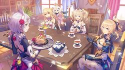  5girls anbe_yoshirou armor backless_dress backless_outfit barbara_(genshin_impact) black_bow black_dress blonde_hair blue_capelet blue_eyes bookshelf bow breasts candle candlestand capelet chair cleavage closed_mouth coattails commentary cowboy_shot cream cup curtains dandelion_seed day dress drill_hair english_commentary fingers_together floating flower food fork fruit gauntlets genshin_impact green_eyes hair_between_eyes hair_flower hair_ornament hairbow halo hat highres holding holding_tray indoors jean_(genshin_impact) knife light_particles lighter-than-air_pancake_(genshin_impact) looking_at_another lumine_(genshin_impact) maid maid_headdress medium_breasts medium_hair multiple_girls noelle_(genshin_impact) off-shoulder_dress off_shoulder open_mouth orange_eyes own_hands_together paimon_(genshin_impact) pancake pancake_stack pants plate ponytail purple_eyes red_flower romper saucer short_hair shoulder_armor sitting smile standing strawberry sunlight sweatdrop table teacup teapot tight_clothes tight_pants tray twin_drills twintails vase vision_(genshin_impact) white_dress white_flower white_hair white_headwear white_pants white_romper window yellow_flower 