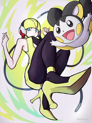  absurdres aqua_eyes aruke_(gter7727) bare_arms bare_shoulders black_headwear black_legwear blonde_hair blue_eyes blunt_bangs breasts cable dress elesa_(pokemon) emolga female headphones high_heels highres pantyhose pokemon pokemon_(creature) pokemon_bw short_dress short_hair thighs underbust yellow_dress 