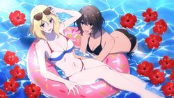  2girls adjusting_eyewear afloat amazuki_jou andou_(girls_und_panzer) bikini black_bikini black_hair blonde_hair blue_eyes blurry blush breasts brown_eyes cleavage dark-skinned_female dark_skin day dutch_flag dutch_flag_bikini dutch_flag_print flag_print flower girls_und_panzer hibiscus highres innertube leaning_forward looking_at_another medium_breasts medium_hair messy_hair multiple_girls navel open_mouth oshida_(girls_und_panzer) outdoors partially_submerged red_flower side-tie_bikini_bottom sitting smile swim_ring swimming swimsuit water wet 