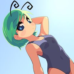  alternate_costume alternate_eye_color antennae blue_background blue_eyes blue_one-piece_swimsuit blush breasts closed_mouth commentary cowboy_shot expressionless female green_hair highres looking_at_viewer one-piece_swimsuit short_hair small_breasts solo swept_bangs swimsuit touhou ugif upper_body wriggle_nightbug 