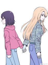  2girls bad_id bad_twitter_id blonde_hair camouflage camouflage_jacket glasses highres holding_hands hood hoodie jacket kamikoshi_sorawo korean_commentary kumaman multiple_girls nishina_toriko red_hoodie transparent_hand urasekai_picnic 