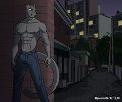  6:5 abs absurd_res alkan anthro backstreet black_body black_fur blue_bottomwear blue_clothing blue_eyes blue_pants bottomwear clothed clothing felid fur hi_res leopard lucas_(character) male mammal muscular muscular_anthro muscular_male navel nipples pantherine pants pants_only pecs solo suit_pants topless topless_anthro topless_male 