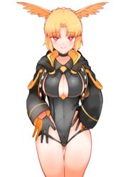  adjusting_clothes adjusting_swimsuit ass ass_visible_through_thighs black_one-piece_swimsuit blonde_hair blush breasts casual_one-piece_swimsuit cleavage cleavage_cutout closed_mouth clothing_cutout commentary_request fate/grand_order fate_(series) female gloves head_wings highleg highleg_swimsuit highres jacket long_sleeves looking_at_viewer one-piece_swimsuit red_eyes rindr_(fate) short_hair simple_background smile solo swimsuit thigh_gap thighs valkyrie_(fate) white_background wings yoosai 