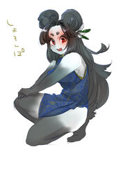  2017 absurd_res anthro asian_clothing bare_shoulders bear biped black_arms black_body black_eyebrows black_face black_fur black_hair black_hands black_legs black_tail blue_clothing blue_dress chinese_clothing chinese_dress clothed clothing crouching dark_eyebrows dark_hair dark_hands dark_tail digital_media_(artwork) double_bun dress east_asian_clothing eyebrows female female_anthro floral_print full-length_portrait fur giant_panda gloves_(marking) hair hair_intakes hi_res japanese_text kemono leaf leg_markings light_nose long_hair mammal markings monotone_hair monotone_hands monotone_tail multicolored_body multicolored_eyebrows multicolored_fur open_mouth plantigrade portrait print_clothing print_dress pupils red_eyes red_pupils shoronpo short_tail simple_background sleeveless_dress sleeveless_shirt socks_(marking) solo tail teteteko text two_tone_arms two_tone_body two_tone_eyebrows two_tone_face two_tone_fur two_tone_legs white_arms white_background white_body white_face white_fur white_legs white_nose 